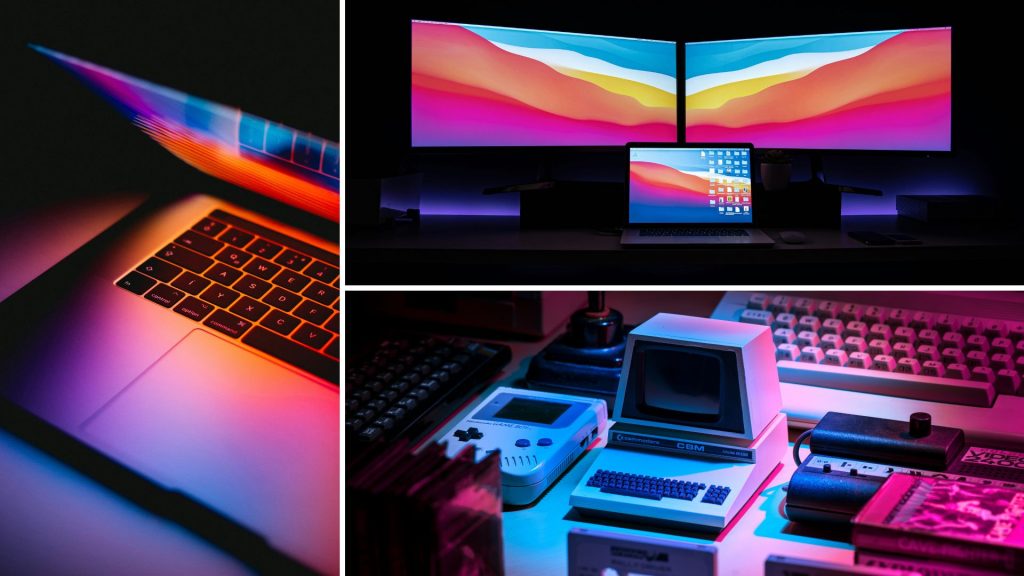 Modern and retro electronics, including a laptop, gaming consoles, and monitors, representing the impact of Trump’s 2025 tariffs on tech prices