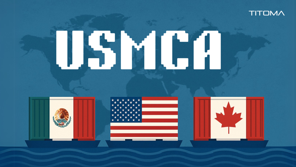 Shipping containers painted with Mexico, United States, and Canada flags on ships at sea